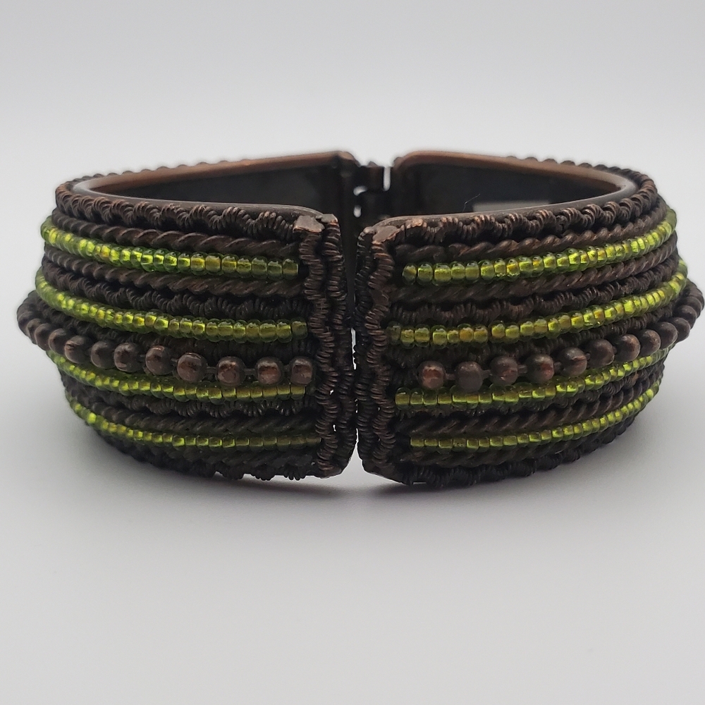 Handwoven Brown and Lime Green Beaded Clamp Bangle Bracelet Copper Tone Brass
